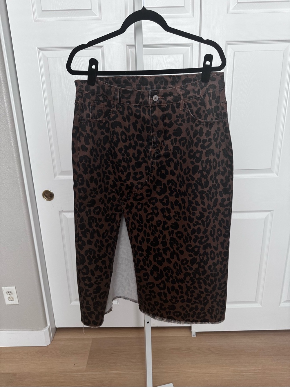 Leopard Print Denim Midi Skirt - Brown & Black